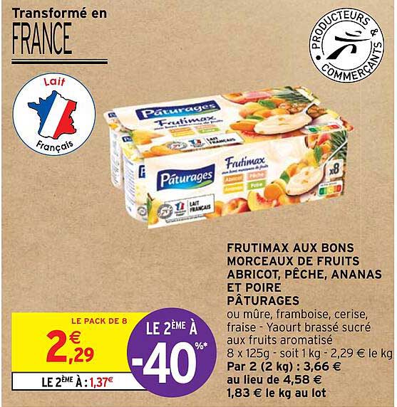 frutimax aux bons morceaux de fruits abricot, pêche, ananas et poire pâturages
