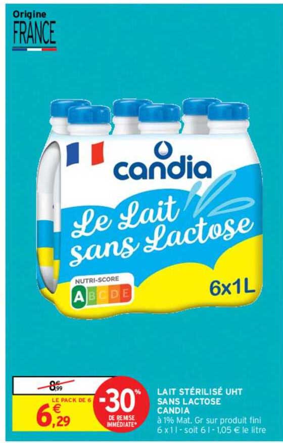 lait stérilisé uht sans lactose candia