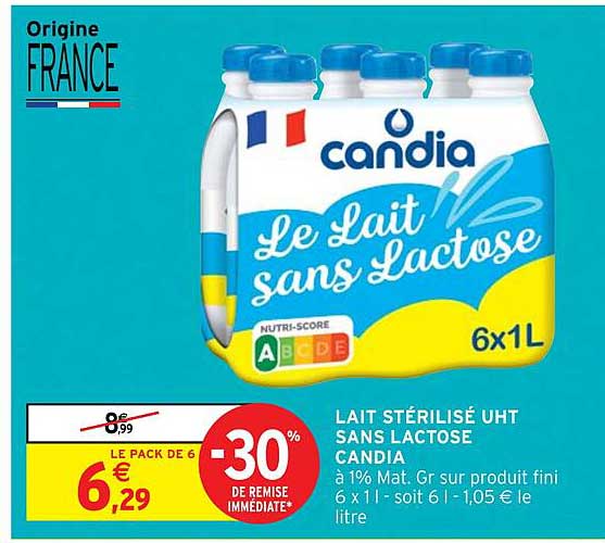 lait stérilisé uht sans lactose candia