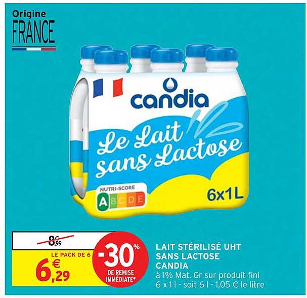 lait stérilisé uht sans lactose candia