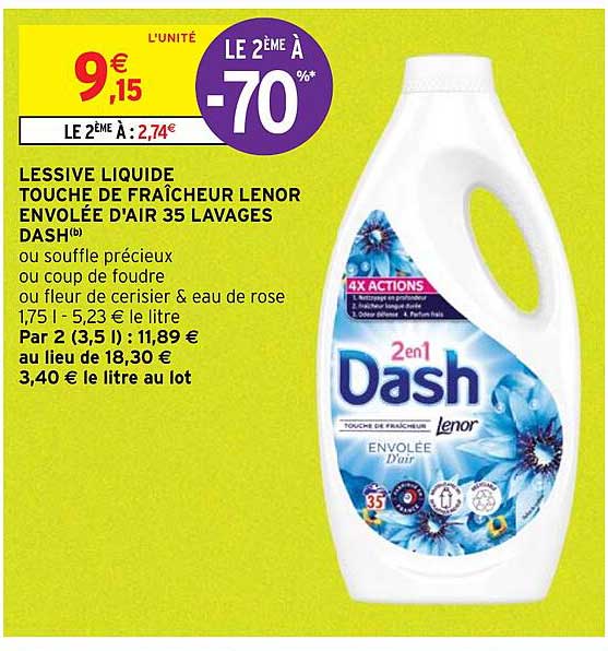lessive liquide touche de fraîcheur lenor envolée d'air 35 lavages dash