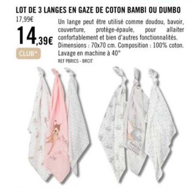 lot de 3 langes en gaze de coton bambi ou dumbo