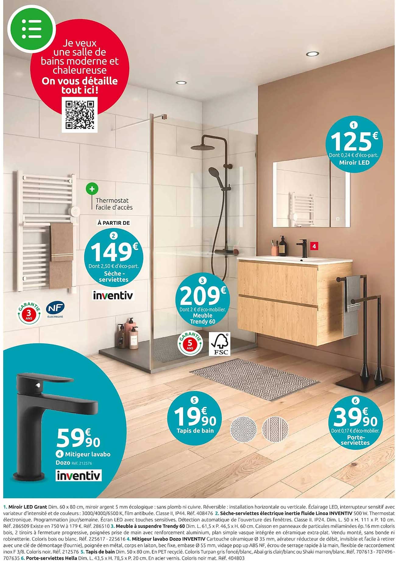 miroir led, sèche-serviettes inventiv, meuble trendy 60, mitigeur lavabo inventiv, tapis de bain, porte-serviettes