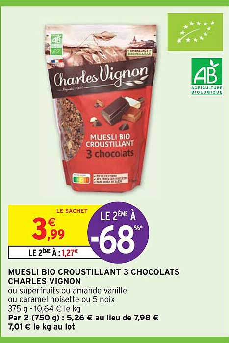muesli bio croustillant 3 chocolats charles vignon