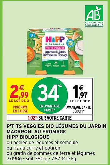 p'tits veggies bio légumes du jardin macaroni au fromage hipp biologique