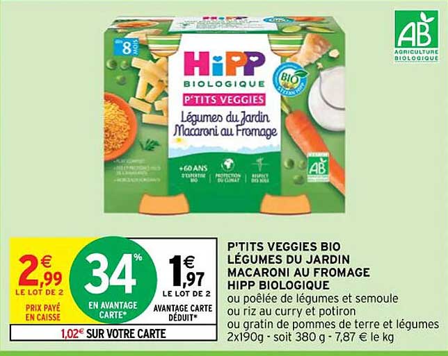 p'tits veggies bio legumes du jardin macaroni au fromage hipp biologique