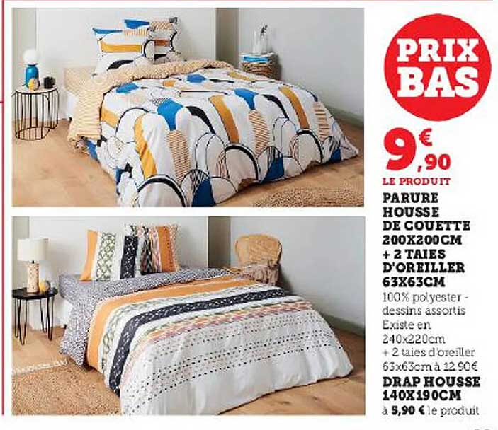 parure housse de couette 200 x 200 cm + 2 taies d'oreiller 63 x 63 cm, drap housse 140 x 190 cm