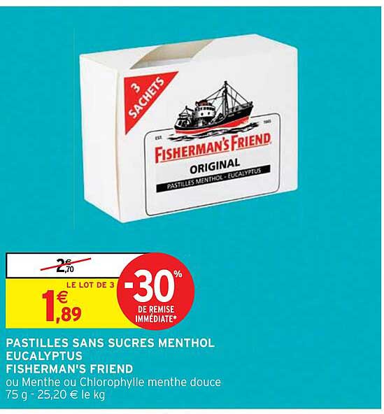 pastilles sans sucres menthol eucalyptus fisherman's friend