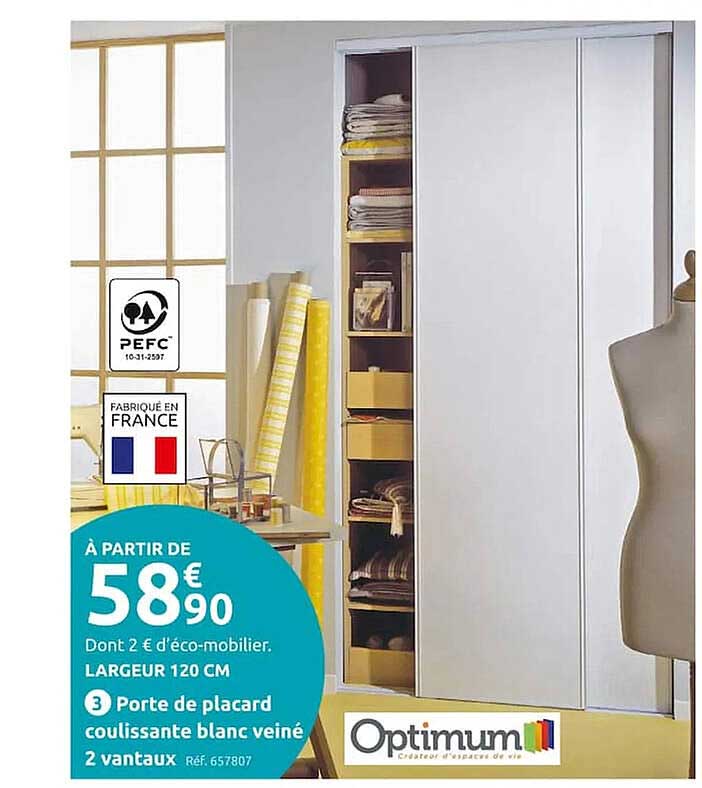 porte de placard coulissante blanc veiné 2 vantaux optimum