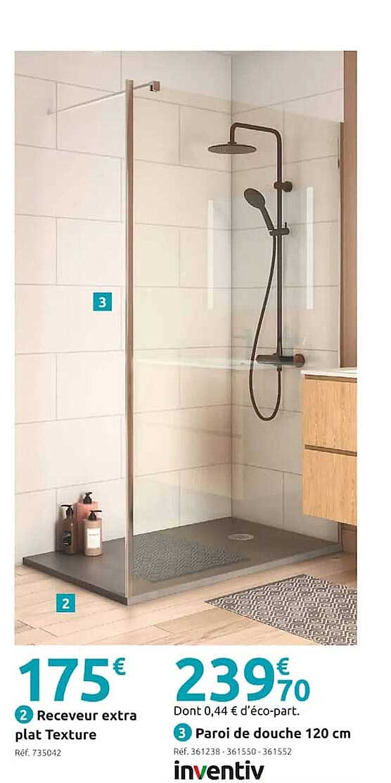 receveur extra plat texture, paroi de douche 120 cm inventiv