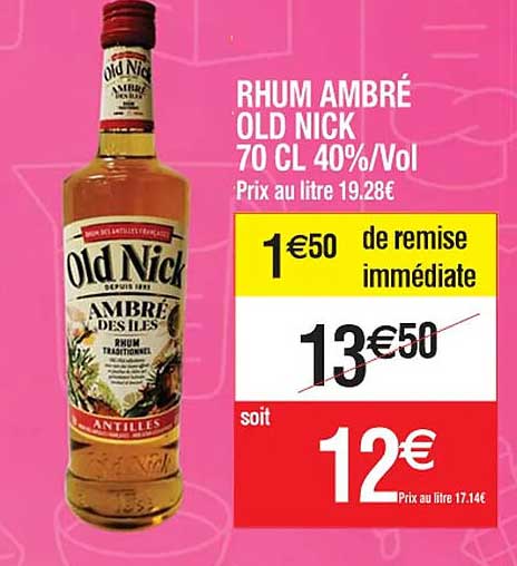 rhum ambré old nick 70 cl 40% vol.