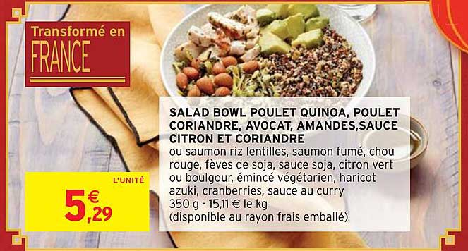 salad bowl poulet quinoa, poulet coriandre, avocat, amandes, sauce citron et coriandre