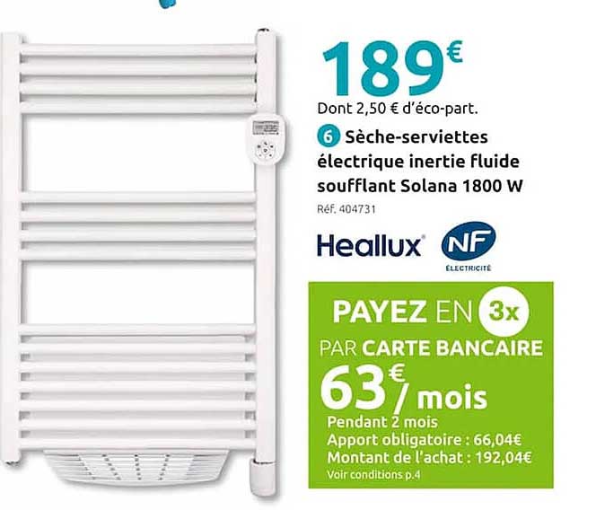 sèche-serviettes électrique inertie fluide soufflant solana 1800 w heallux