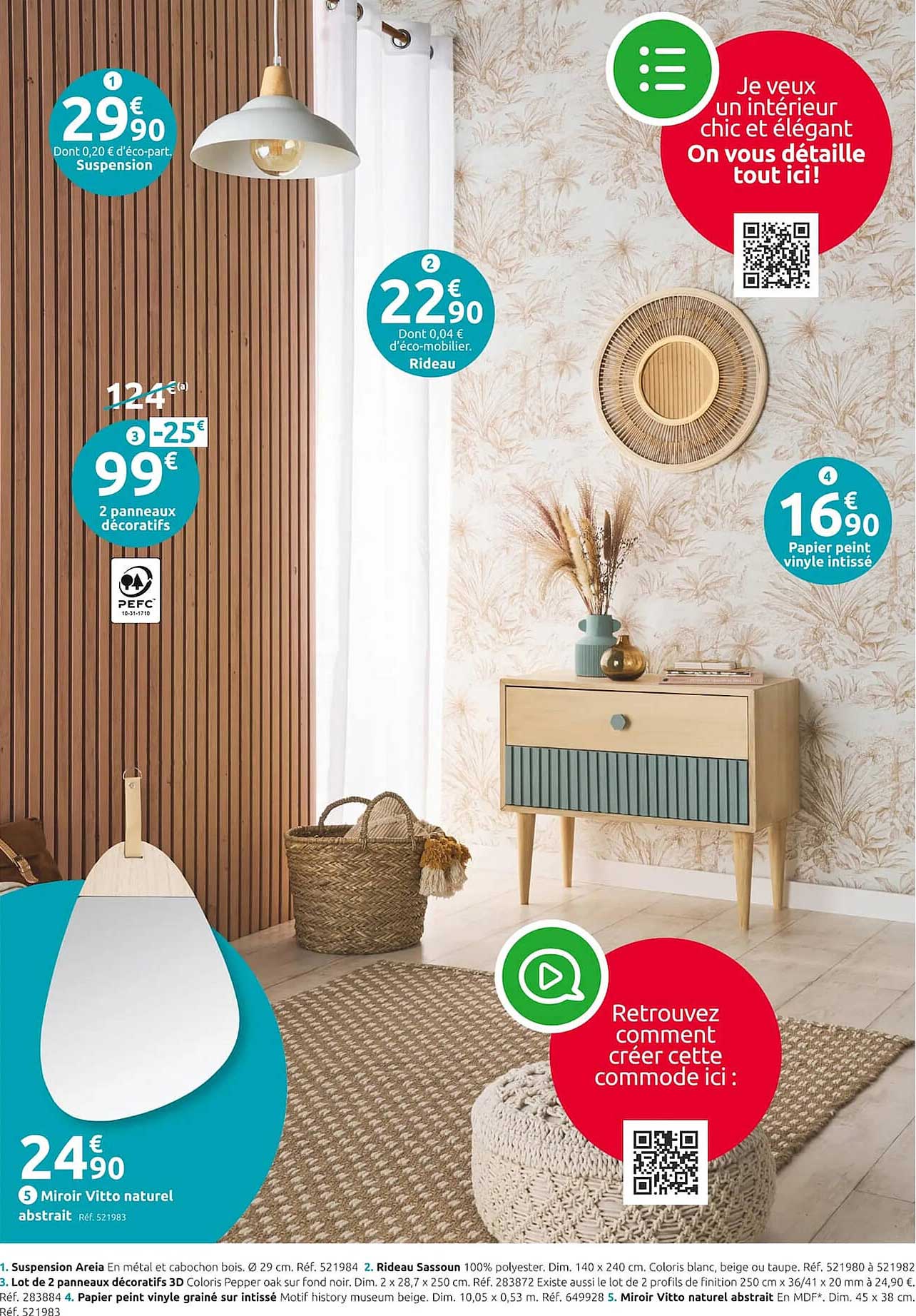 suspension areia, rideau sassoun, lot de 2 panneaux décoratifs 3d, papier peint vinyle grainé sur intissé, miroir vitto naturel abstrait