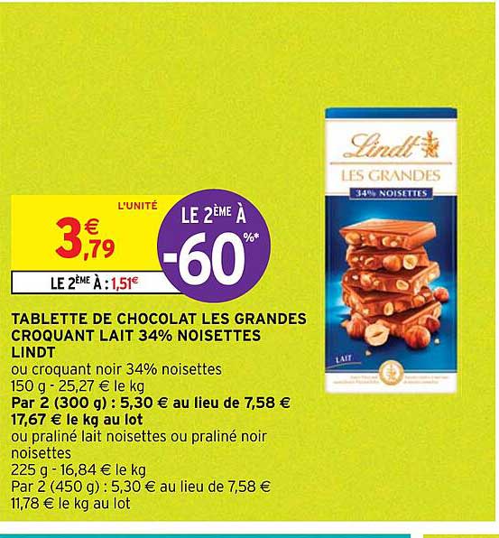 tablette de chocolat les grandes croquant lait 34% noisettes lindt