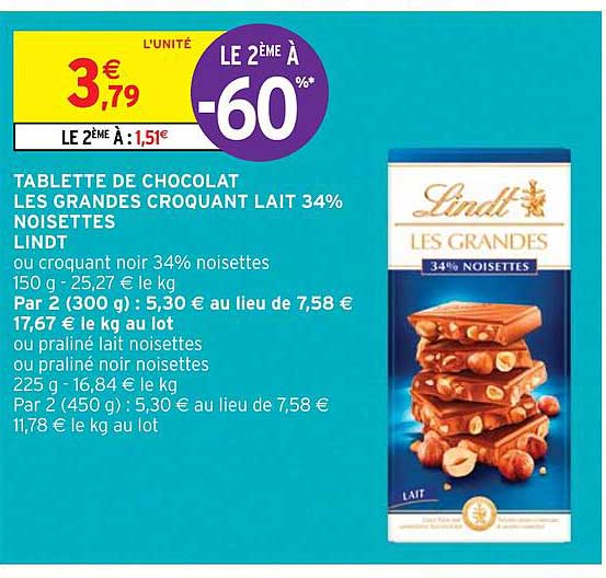 tablette de chocolat les grandes croquant lait 34% noisettes lindt