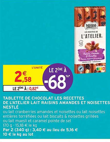 tablette de chocolat les recettes de l'atelier lait raisins amandes et noisettes nestlé