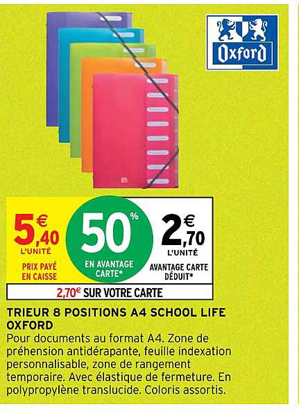 trieur 8 positions A4 school life oxford 50% en avantage carte