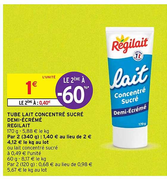 tube lait concentré sucré demi-écrémé regilait