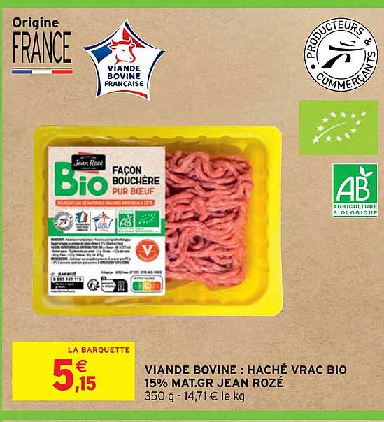 viande bovine: haché vrac bio 15% mat.gr jean rozé
