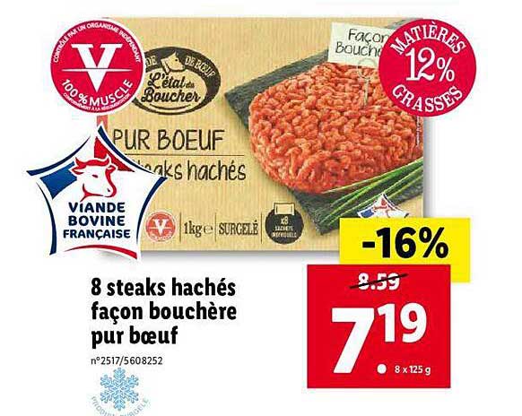 8 Steaks Hachés Façon Bouchère Pur Bœuf L'étalon Bouchée