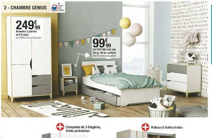 Chambre Genius : Armoire 2 Portes, Lit 90 X 190 - 200 Cm