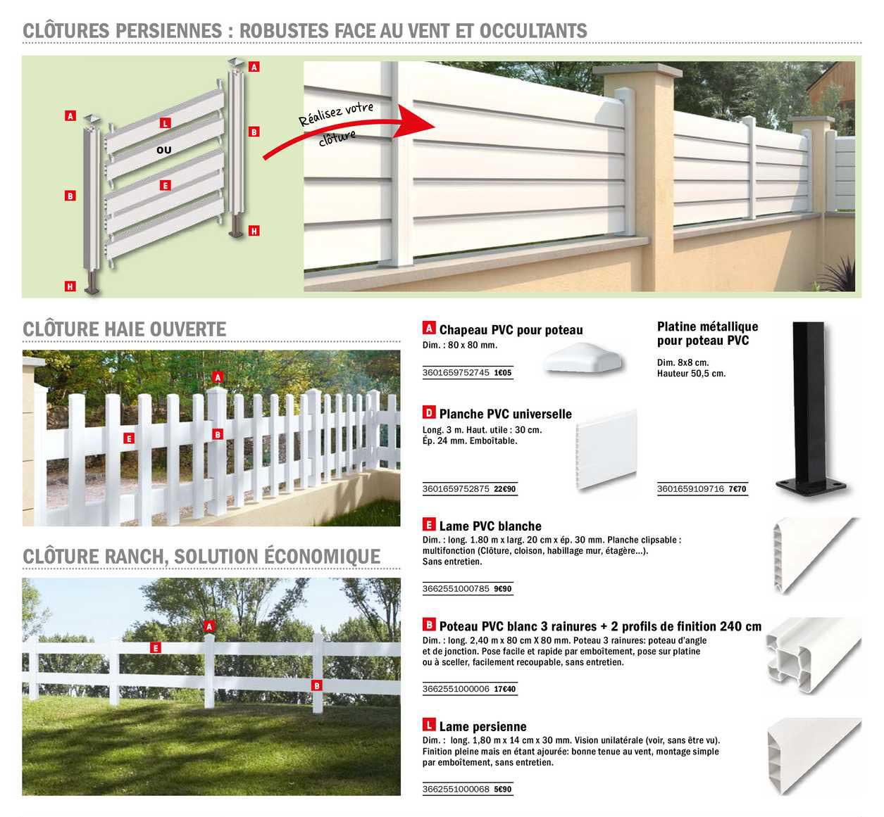 chapeau pvc pour poteau, planche pvc universelle, lame pvc blanche, poteau pvc blanc 3 rainures + 2 profils de finition 240 cm, lame persienne