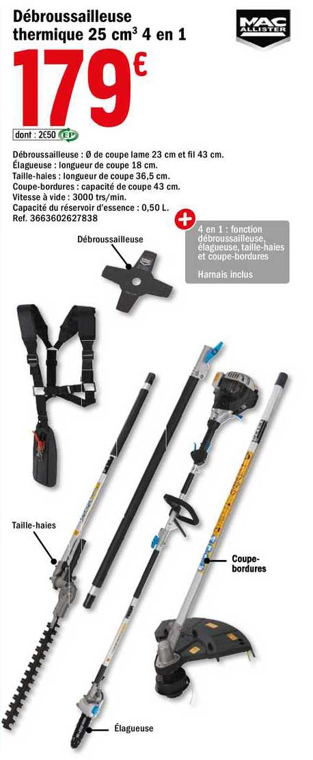 débroussailleuse thermique 25 cm3 4 en 1 mac allister