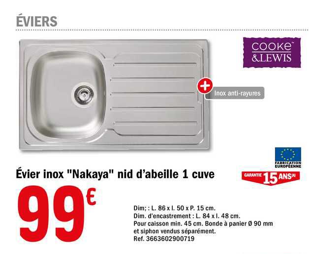 évier inox "nakaya" nid d'abeille 1 cuve cooke & lewis