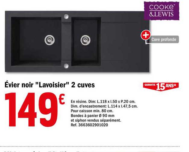 évier noir "lavoisier" 2 cuves cook & lewis