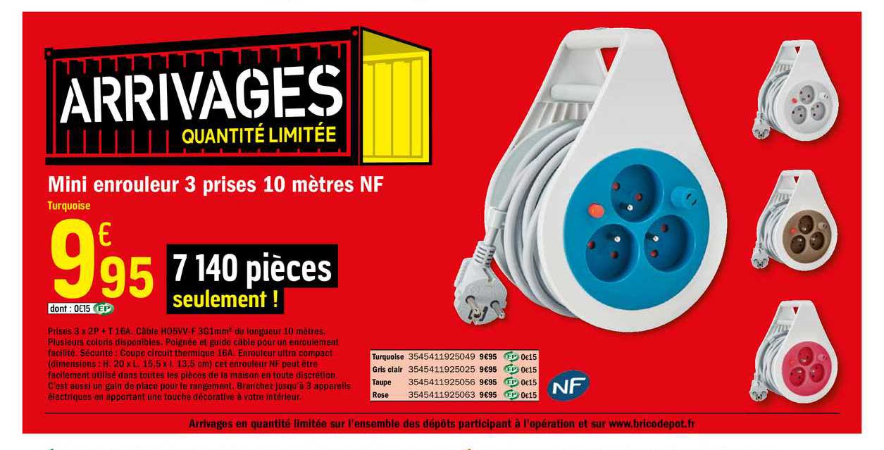 mini enrouleur 3 prises 10 mètres nf