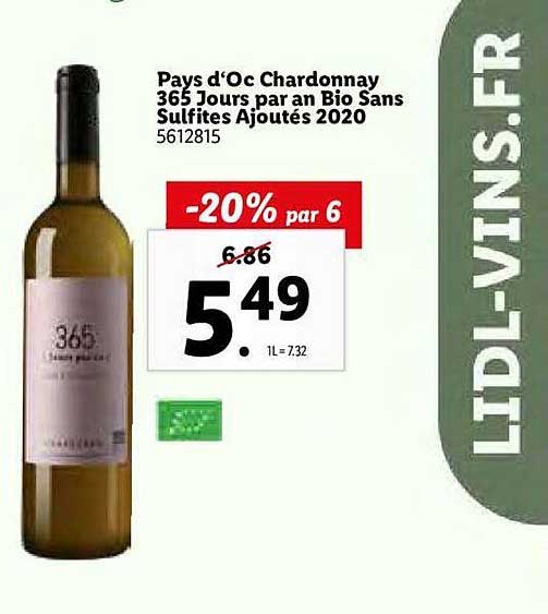 pays d'oc chardonnay 365 jours par an bio sans sulfites ajoutés 2020