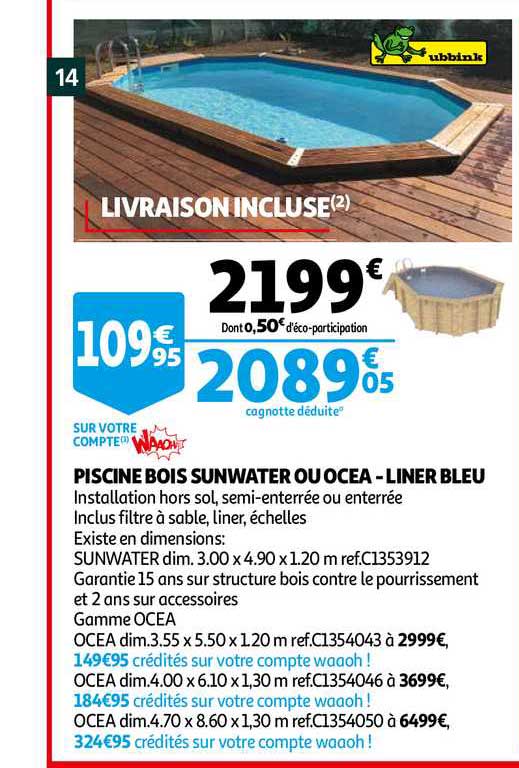 piscine bois sunwater ou ocea - liner bleu