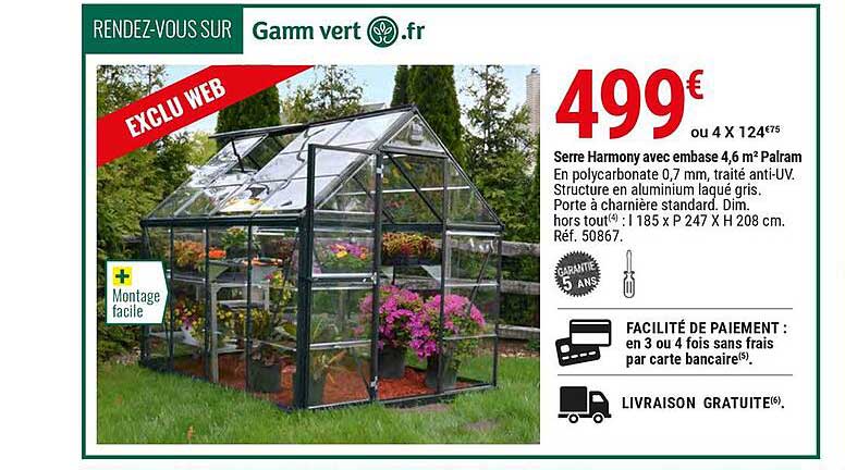 serre harmony avec embase 4,6 m2 palram