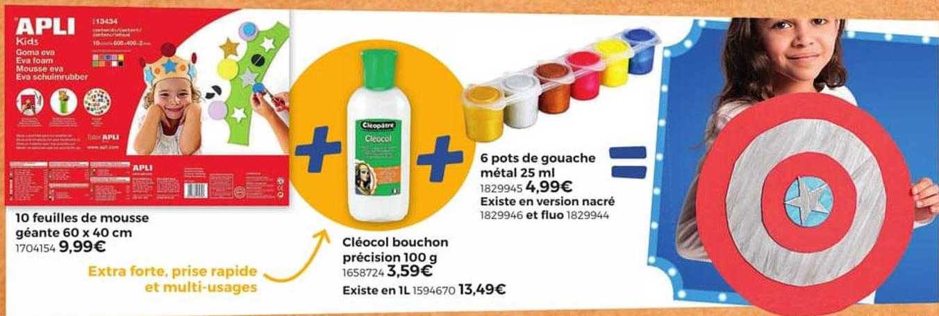 10 feuilles de mousse géante 60 x 40 cm, cléocol bouchon précision 100g, 6 pots de gouache métal 25 cm