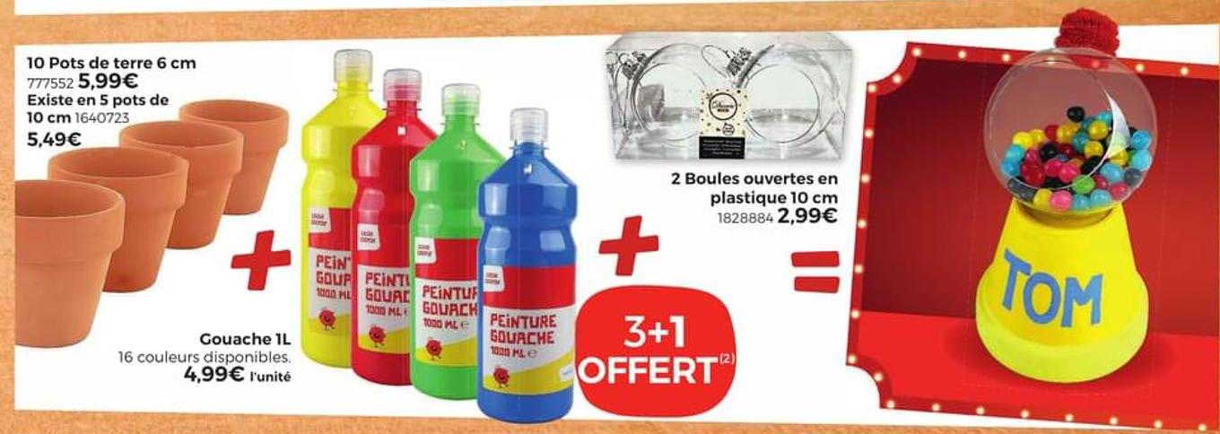 10 pots de terre 6 cm, gouache 1l, 2 boules ouvertes en plastique 10 cm,