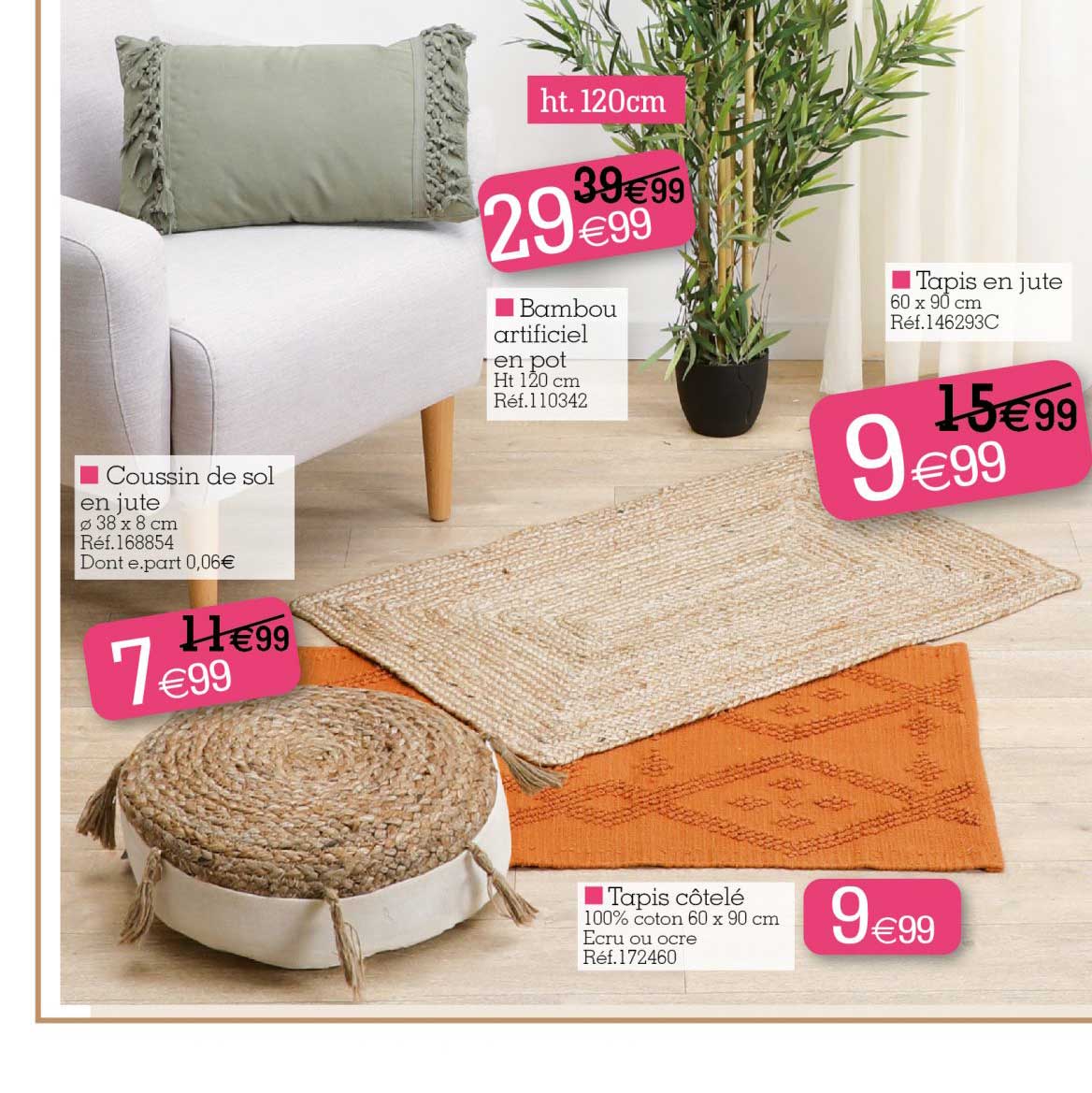 coussin de sol en jute, tapis côtelé, bambou artificiel en pot, tapis en jute