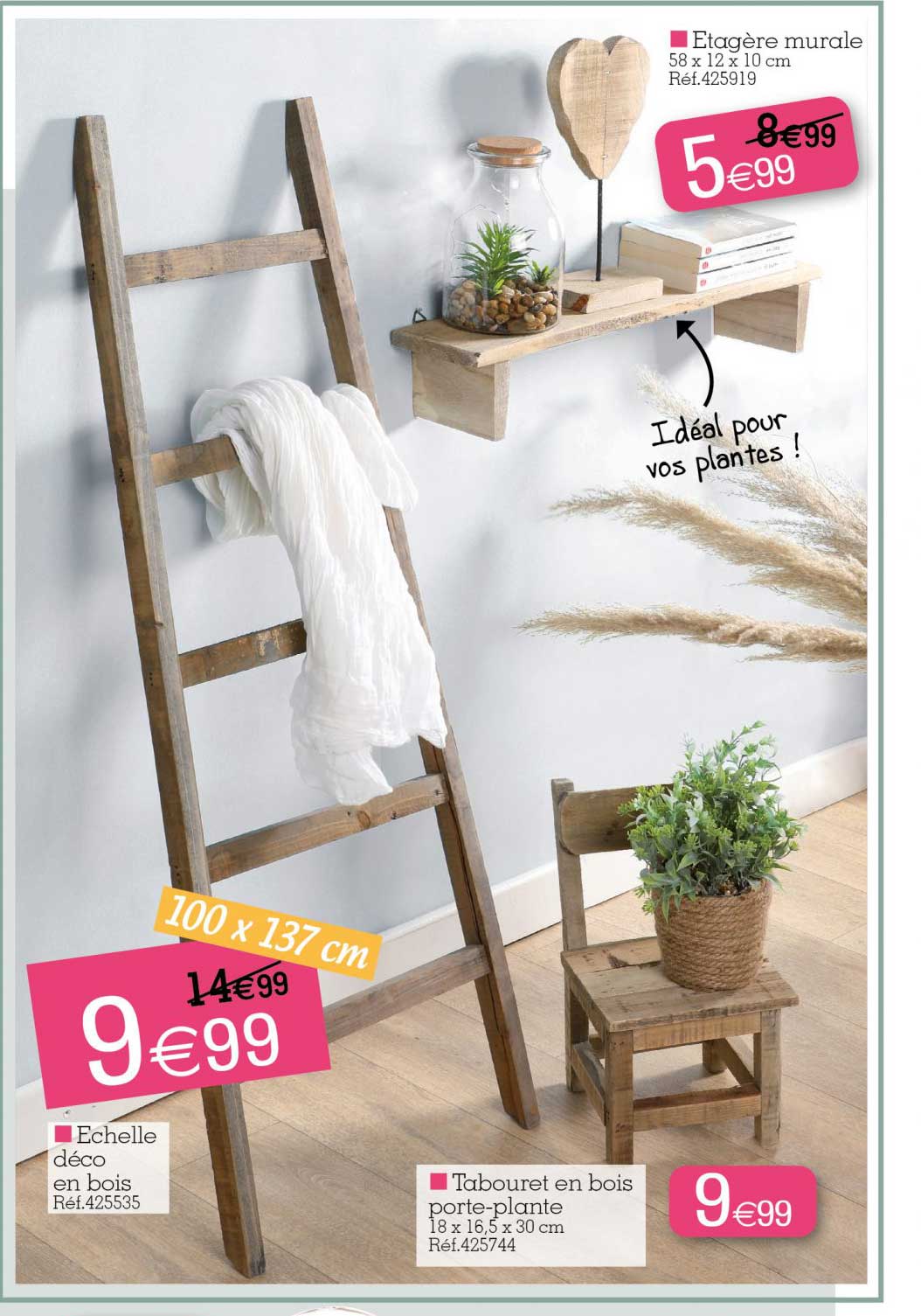 étagère murale, échelle, tabouret en bois porte-plante