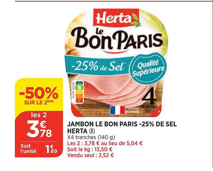 Jambon Le Bon Paris -25% De Sel Herta