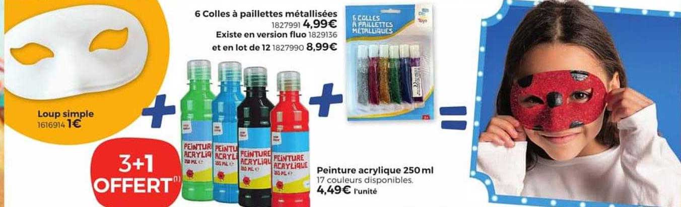 loup simple, 6 colles à paillettes métallisées, peinture acrylique 250 ml