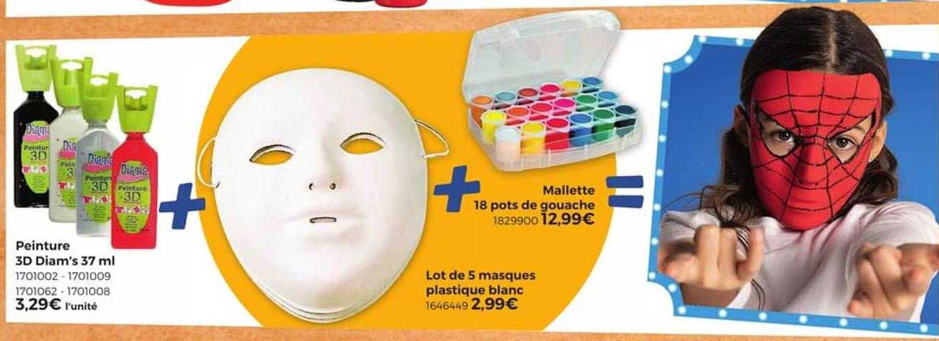 peinture 3d diam's 37 ml, lot de 5 masques plastique blanc, mallette 18 pots de gouache