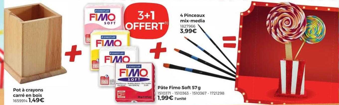 pot à crayons carré en bois, 4 pinceaux mix-media, pâte fimo soft 57g