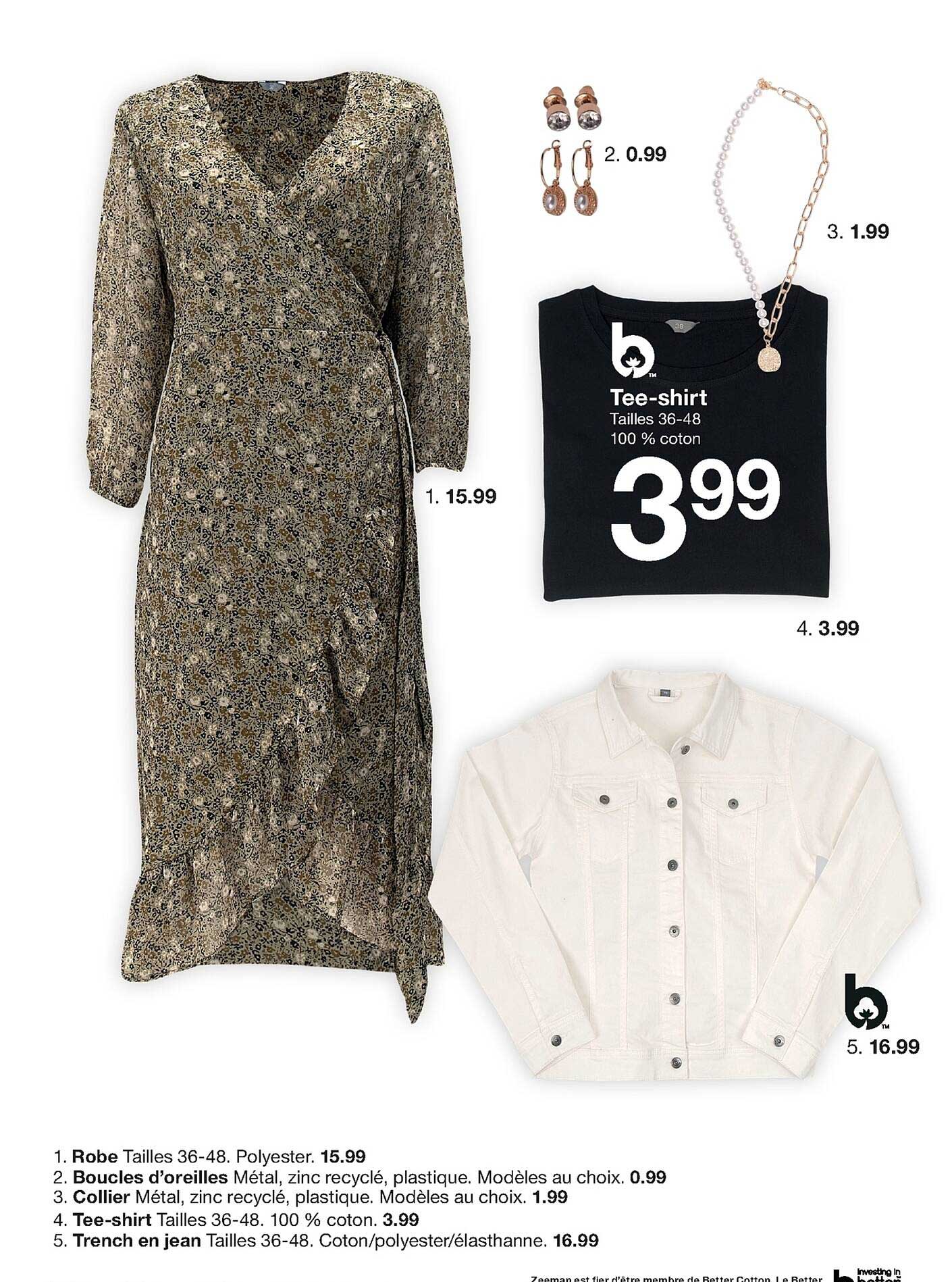 robe, boucles d'oreilles, collier, tee-shirt, trench en jean