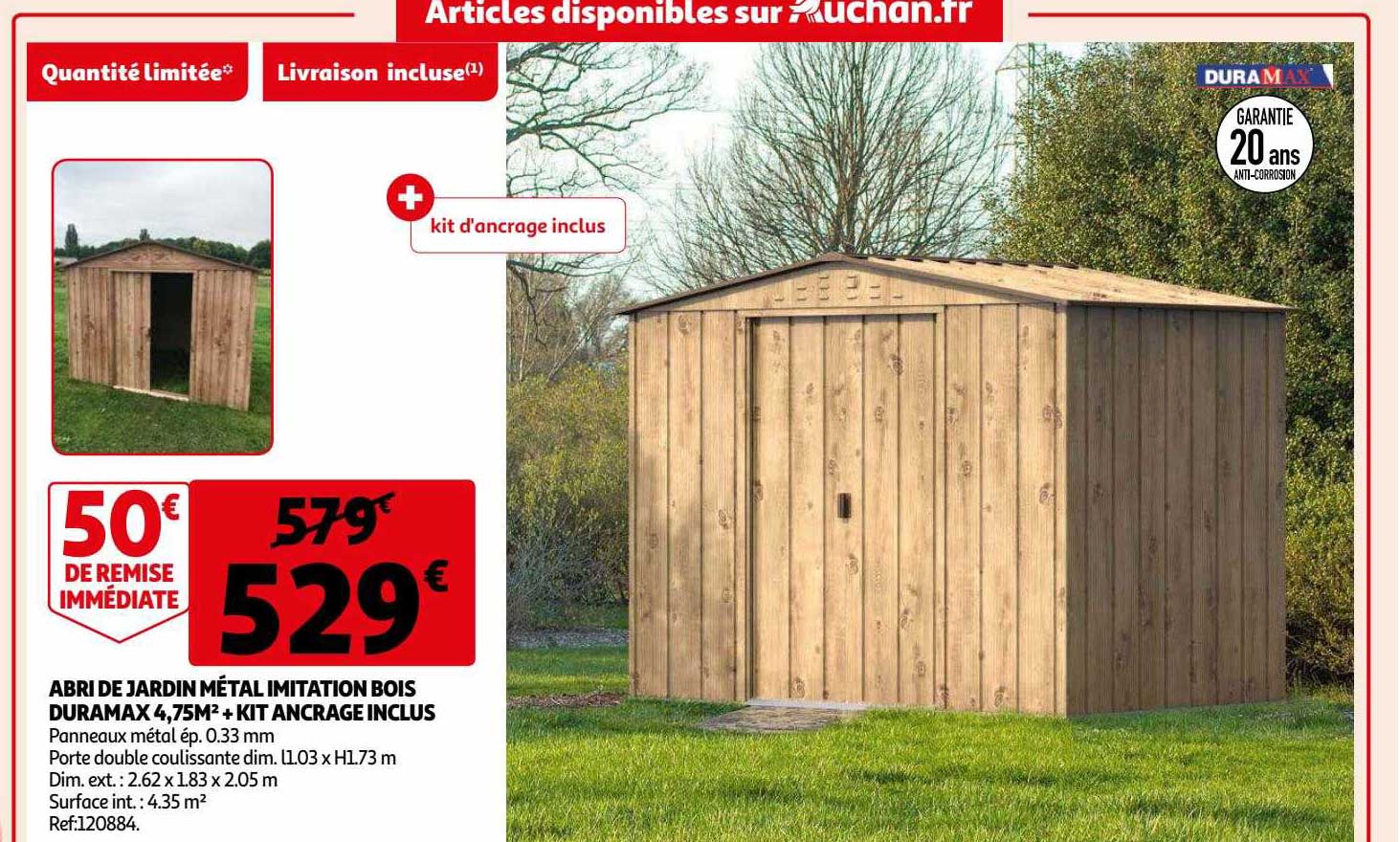 abri de jardin métal imitation bois duramax 4,75m² + kit ancrage inclus
