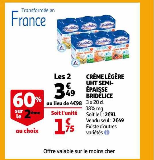 crème légère uht semi-épaisse bridélice