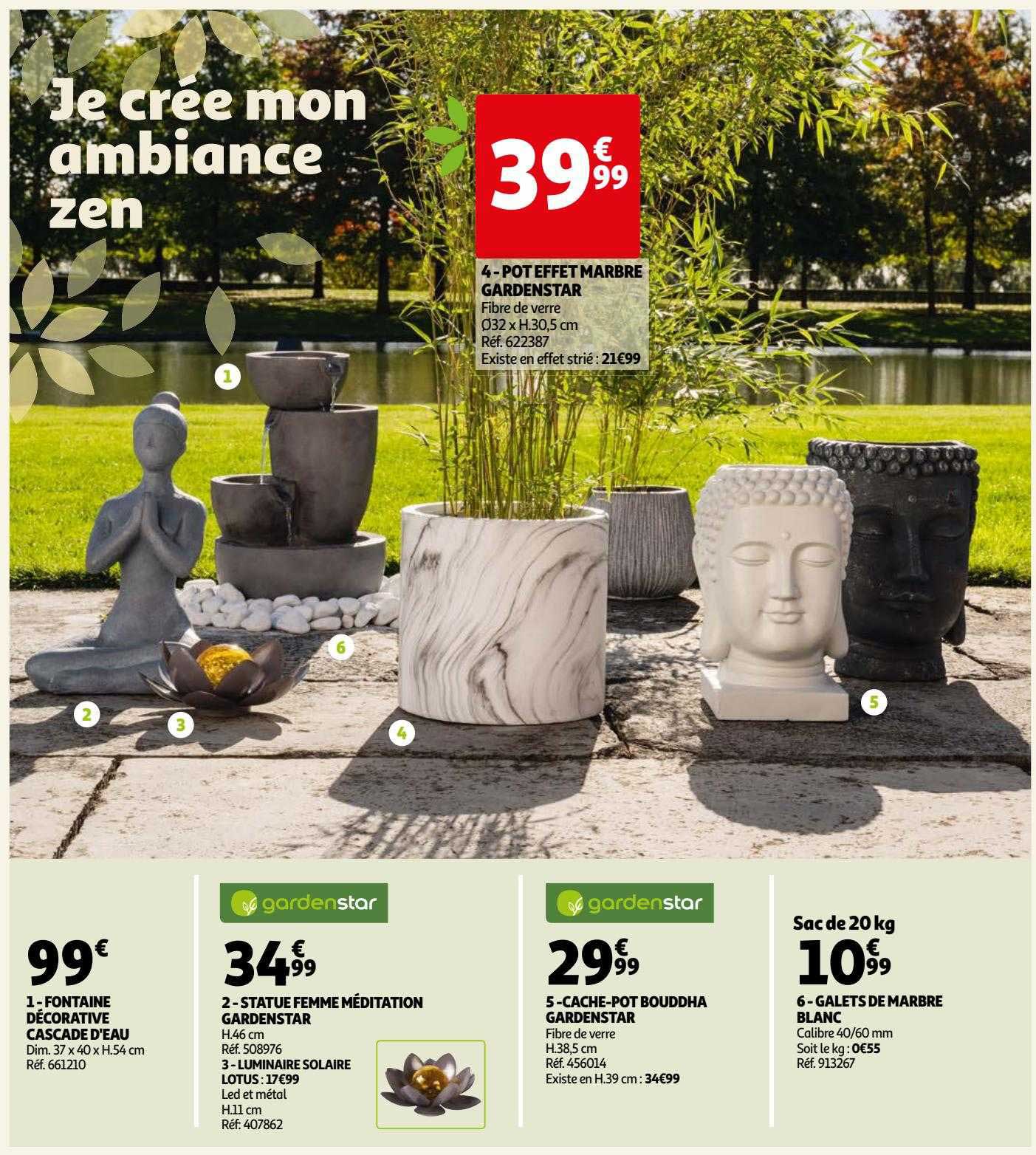 fontaine décorative cascade d'eau, statue femme méditation gardenstar, cache-pot bouddha gardenstar, galets de marbre blanc