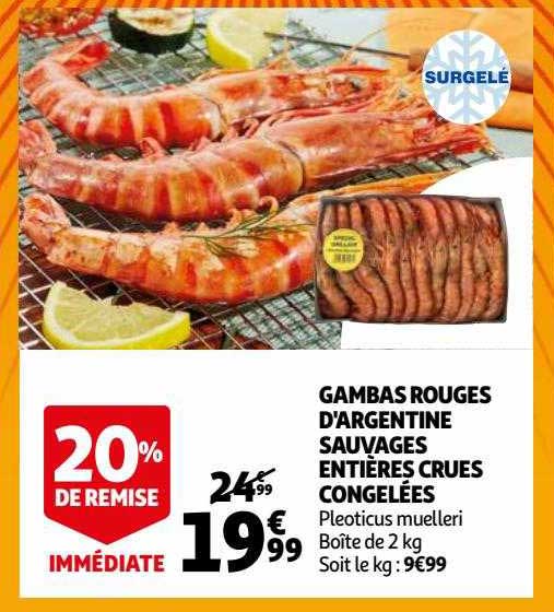 gambas rouges d'argentine sauvages entières crues congelées
