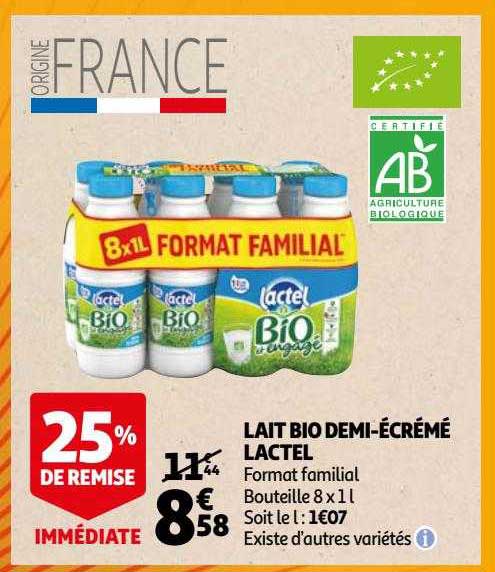 lait bio demi-écrémé lactel