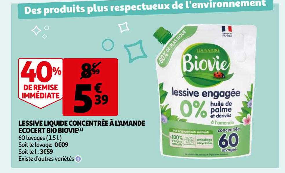 lessive liquide concentrée à l'amande écocert bio biovie