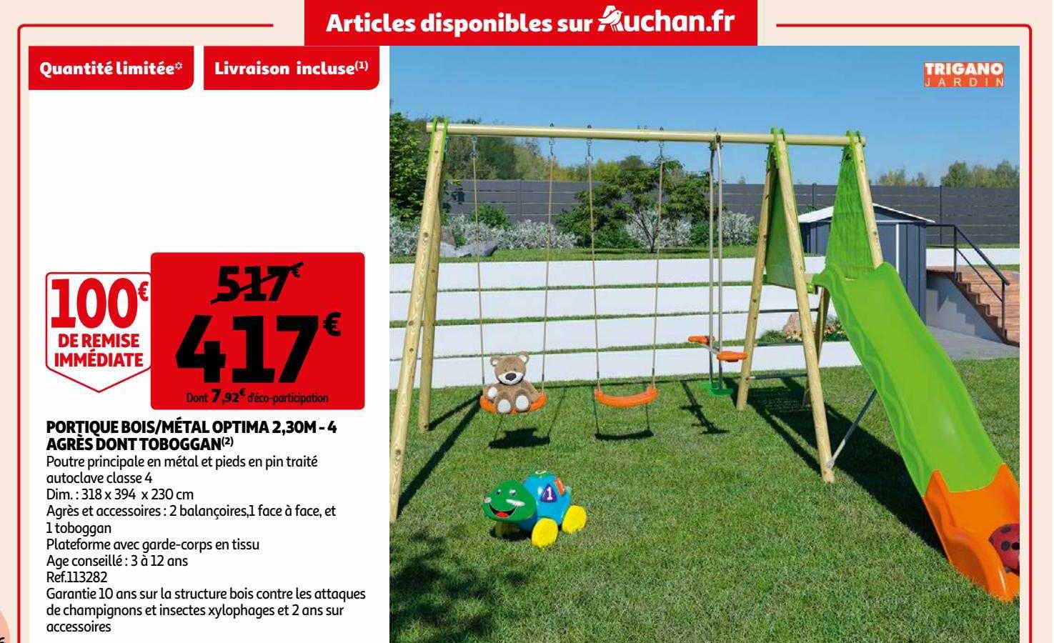 portique bois-métal optima 2,30 m - 4 agrès dont toboggan